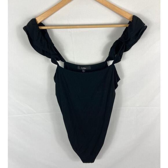 Lulus Black Ruffle Sleeve Ribbed Bodysuit Size Large - Picture 1 of 4